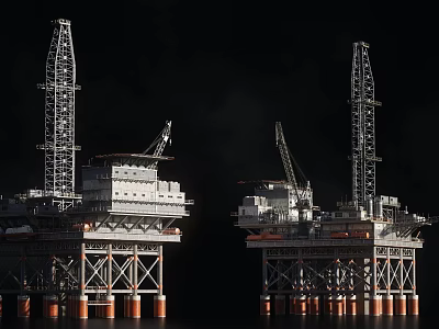 Offshore Oil Drilling Platforms With Tall Derricks And Support Structures At Night 3d model