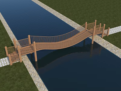 Curved Wooden Landscape Bridge Over Water With Grass Surroundings And Stone Path 3d model