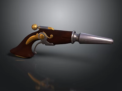 Antique Flintlock Pistol With Wooden Grip Pointed Barrel And Golden Decorations 3d model