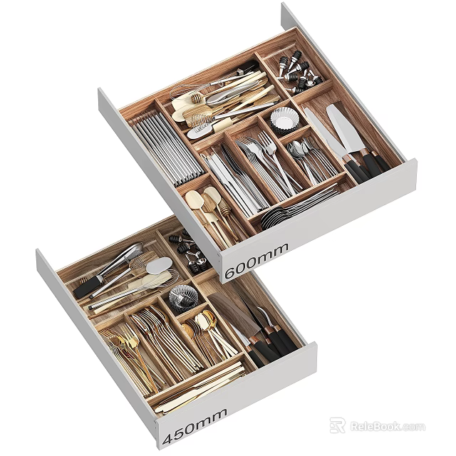 Cutlery Set Organized in Drawer with Wooden Dividers and Stainless Steel Utensils 3d model 