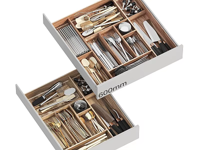 Cutlery Set Organized in Drawer with Wooden Dividers and Stainless Steel Utensils 3d model