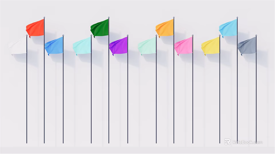 Multicolored National Flags Lined Up On Flagpoles Against White Background 3d model 
