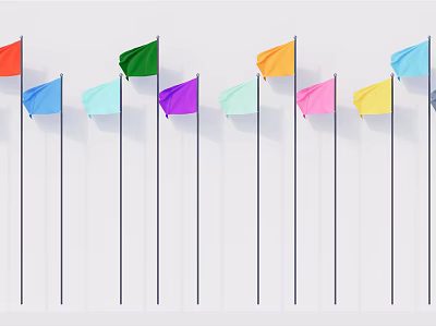 Multicolored National Flags Lined Up On Flagpoles Against White Background 3d model