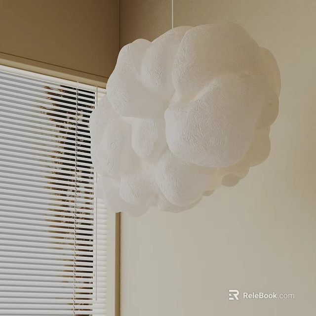 White Cloud Like Chandelier Hanging in Room With Window Blinds and Light Colored Wall 3d model 
