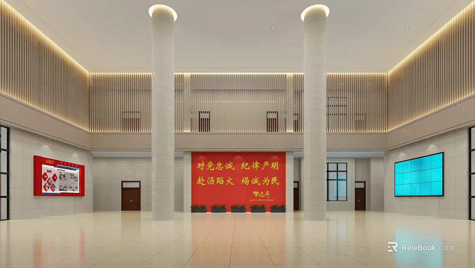 Spacious Party History Exhibition Hall With Red Banner White Columns And Blue Screen 3d model 