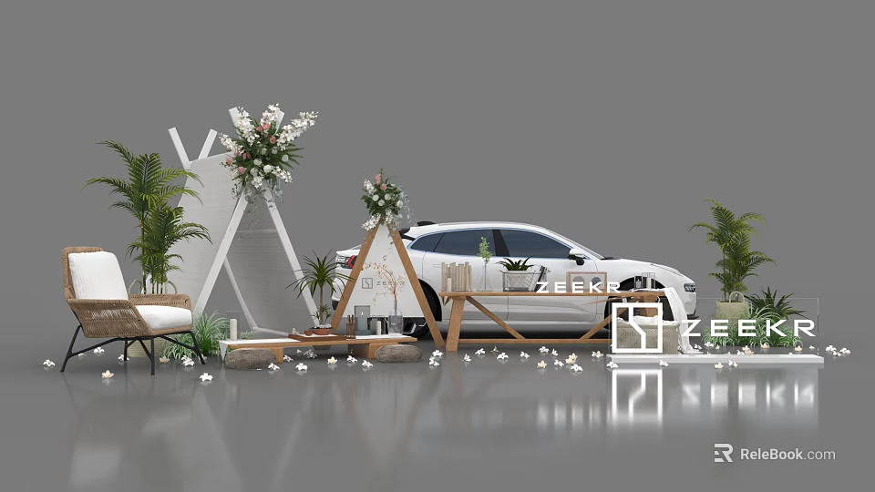 Outdoor Stylish Setup With White Car Triangular Tent Floral Decor And Green Plants 3d model 