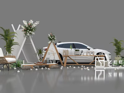 Outdoor Stylish Setup With White Car Triangular Tent Floral Decor And Green Plants 3d model