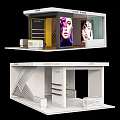 Modern Exhibition Booth Design With Wooden Stripes Yellow Background And Display Counters
