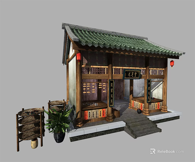 Ancient Chinese Architecture With Green Tiled Roof Red Lanterns Wooden Signboard And Stone Steps 3d model 