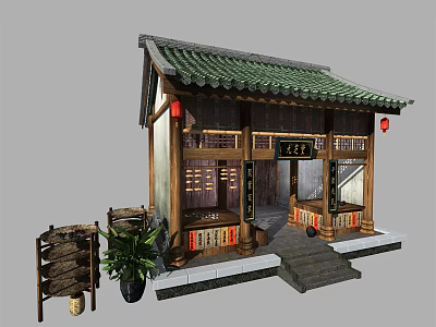 Ancient Chinese Architecture With Green Tiled Roof Red Lanterns Wooden Signboard And Stone Steps 3d model