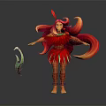 Fantasy Game Movie Character With Red Feather Decoration Red Yellow Hair And Green White Prop