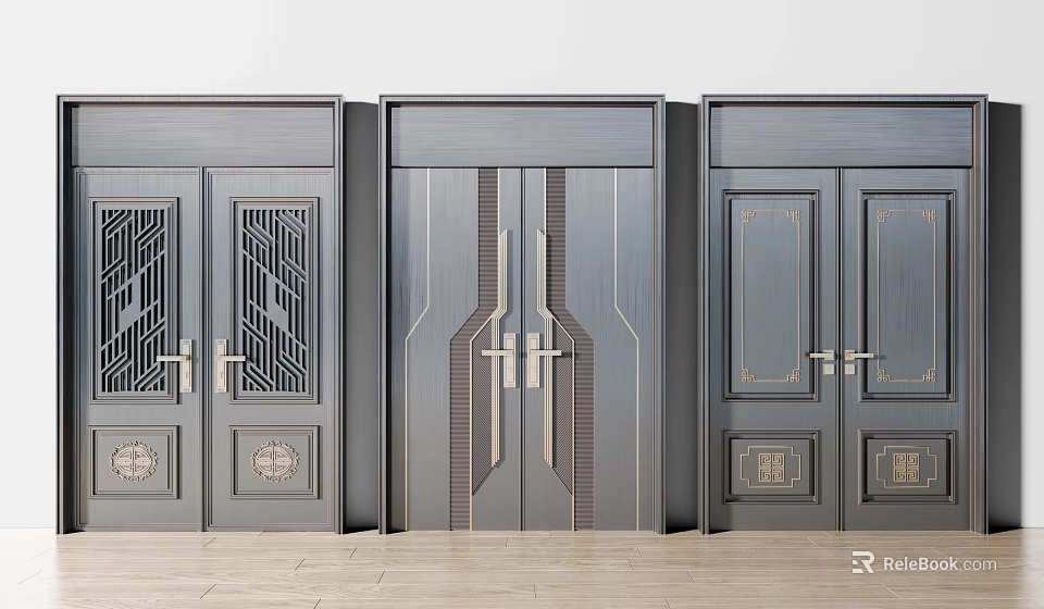 Modern Interior Double Doors With Geometric Patterns And Metal Handles 3d model