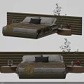 Modern Double Bed Interior With Upholstered Headboard Side Tables Pillows And Plants