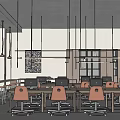 Modern Public Office Space With Desks Orange Chairs Computers And Hanging Lights