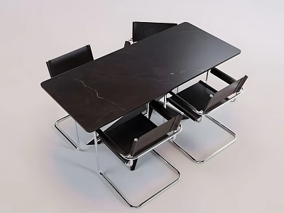Modern Dining Table And Chair Set With Black Marble Top And Metal Frame Design 3d model