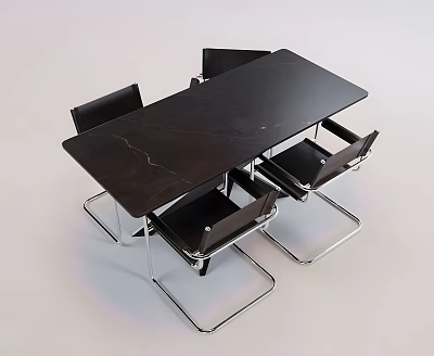 Modern Dining Table And Chair Set With Black Marble Top And Metal Frame Design 3d model