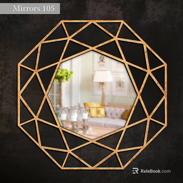 Geometric Shaped Golden Frame Mirror Reflecting Living Room Interior On Black Background 3d model 