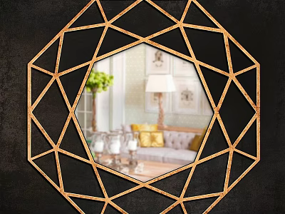 Geometric Shaped Golden Frame Mirror Reflecting Living Room Interior On Black Background 3d model