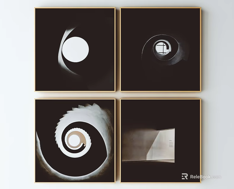 Black And White Abstract Wall Art With Geometric Spiral Patterns In Golden Frames 3d model