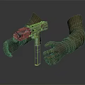 Mechanical Style Weapon Held By Metallic Hands With Complex Structure And Dark Background 3d model