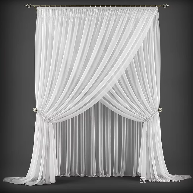 Elegant White Sheer Curtains With Striped Texture And Decorative Tiebacks 3d model 
