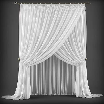 Elegant White Sheer Curtains With Striped Texture And Decorative Tiebacks 3d model