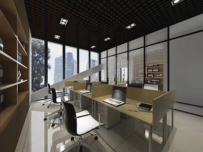 Modern Public Office Space With Open Workstations Office Chairs Large Windows Grid Ceiling Lighting 3d model
