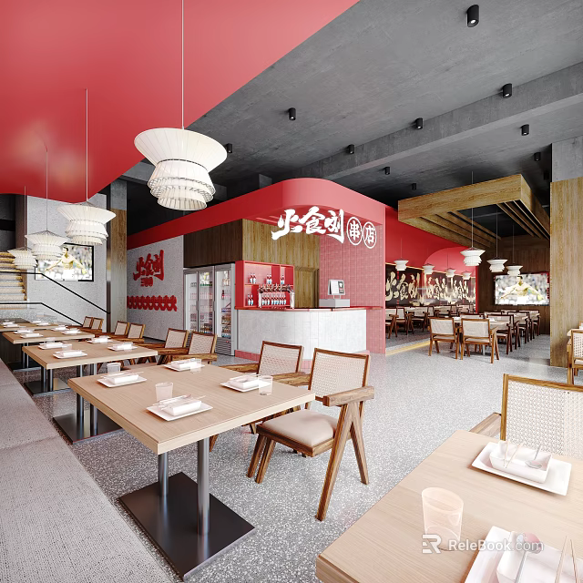 Modern Hotpot Restaurant Interior With Red Walls Wooden Decor And Pendant Lights 3d model 