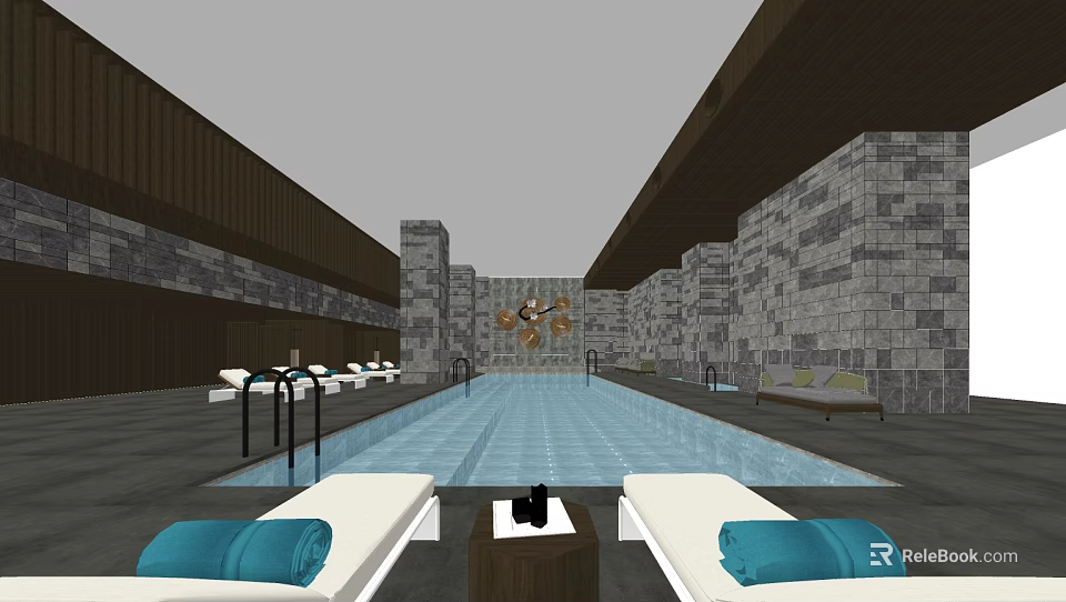 Luxurious Swimming Pool Interior With Stone Walls Wooden Ceiling White Loungers And Blue Cushions 3d model 