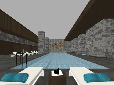 Luxurious Swimming Pool Interior With Stone Walls Wooden Ceiling White Loungers And Blue Cushions 3d model