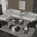 Modern Cozy Sofa And Coffee Table Set With Pillows Blanket And Armchairs On Rug