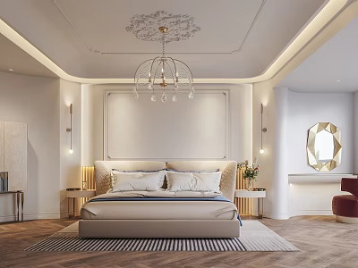 Elegant Modern Bedroom Interior With Decorative Ceiling Chandelier Paneled Wall And Wooden Flooring 3d model