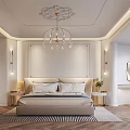 Elegant Modern Bedroom Interior With Decorative Ceiling Chandelier Paneled Wall And Wooden Flooring