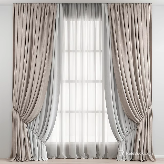 Elegant Beige Double Layer Curtains With Sheer Panels And Pleated Design For Window 3d model 