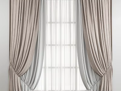 Elegant Beige Double Layer Curtains With Sheer Panels And Pleated Design For Window 3d model