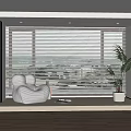 Interior Living Space With White Blinds Large Window Striped Chair Potted Plant Wooden Floor