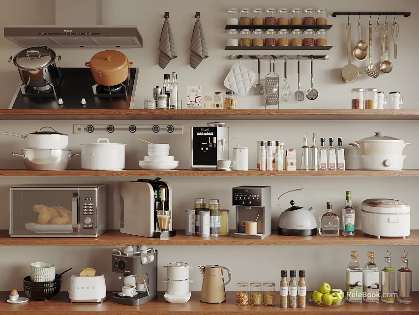 Neatly Organized Kitchen Storage Shelves With Multiple Appliances And Cooking Items 3d model 