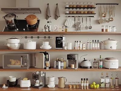 Neatly Organized Kitchen Storage Shelves With Multiple Appliances And Cooking Items 3d model