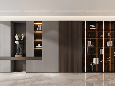 Elegant Modern Bookcase With Wooden Panels LED Lighting And Decorative Items 3d model