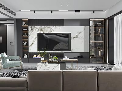 Modern Living Room Interior With Marble Feature Wall Grey Sofa Coffee Table And Decorative Plants 3d model