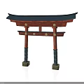 Traditional Japanese Torii Gate Structure With Red Pillars And Black Roof