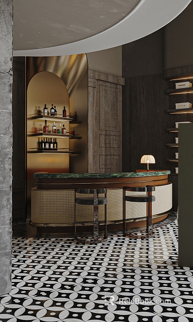 Elegant Modern Restaurant Interior With Marble Bar Counter And Wine Shelves Lighting 3d model 