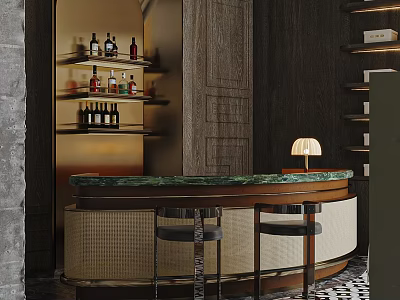 Elegant Modern Restaurant Interior With Marble Bar Counter And Wine Shelves Lighting 3d model