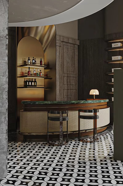 Elegant Modern Restaurant Interior With Marble Bar Counter And Wine Shelves Lighting 3d model