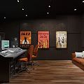 Music Studio Interior Featuring Audio Console Orange Chairs Jazz Posters Brown Sofa And Wooden Floor