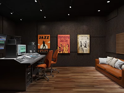 Music Studio Interior Featuring Audio Console Orange Chairs Jazz Posters Brown Sofa And Wooden Floor 3d model