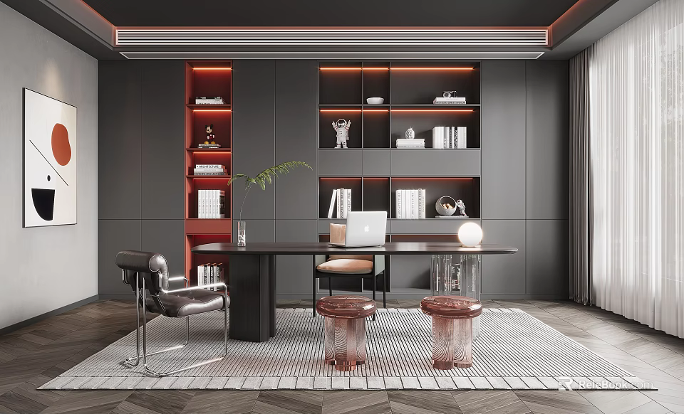 Modern Study Room With Red Bookshelves Decor Black Desk Laptop Leather Chair And Green Plant 3d model 