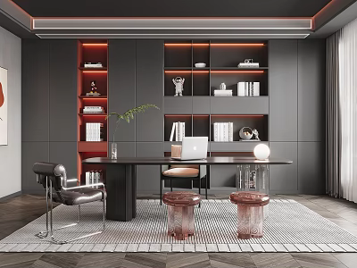 Modern Study Room With Red Bookshelves Decor Black Desk Laptop Leather Chair And Green Plant 3d model