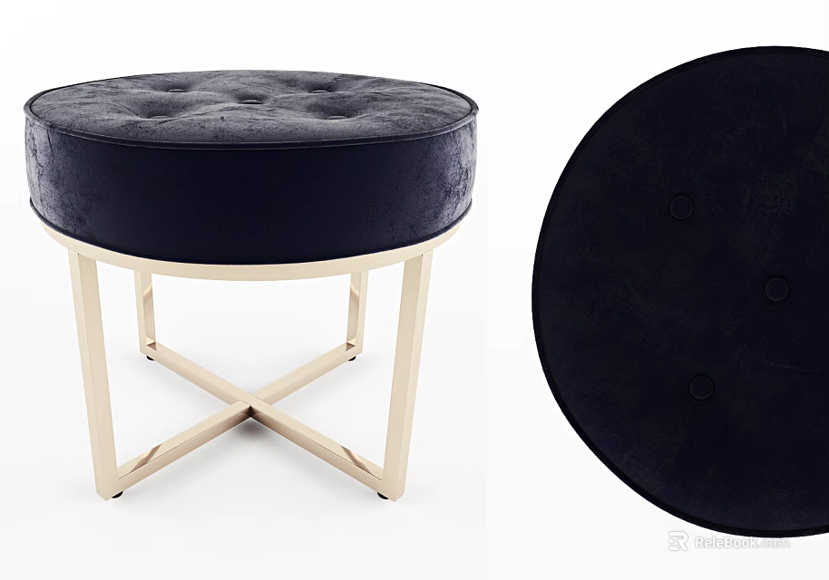 Elegant Round Tufted Ottoman with Dark Upholstery and Cross Metal Legs 3d model 