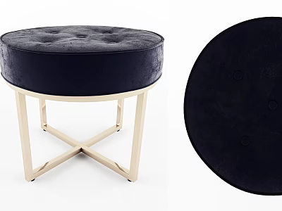 Elegant Round Tufted Ottoman with Dark Upholstery and Cross Metal Legs 3d model